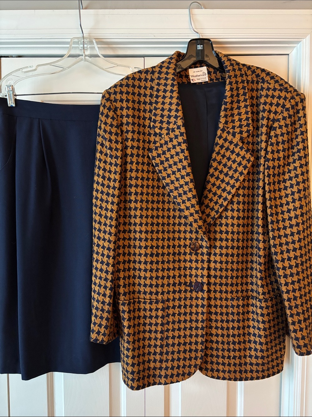 Vintage Houndstooth Women’s 2-Button Blazer in Navy & Brown and Navy Skirt